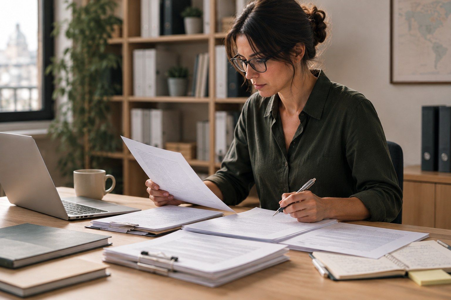 Profesional consultando documentos y referencias de trabajo